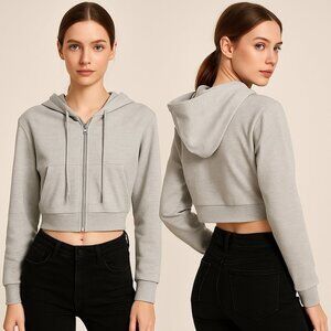SHEIN EZWEAR Women’s Light Gray Cropped Zip-Up Hoodie – Size Small ✨🩶🧥